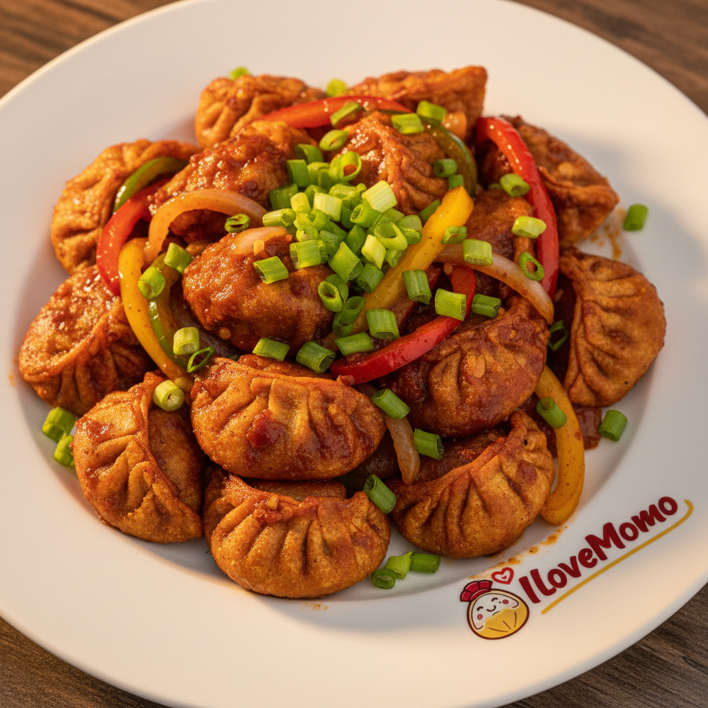 Beef chili momos with IloveMomo logo