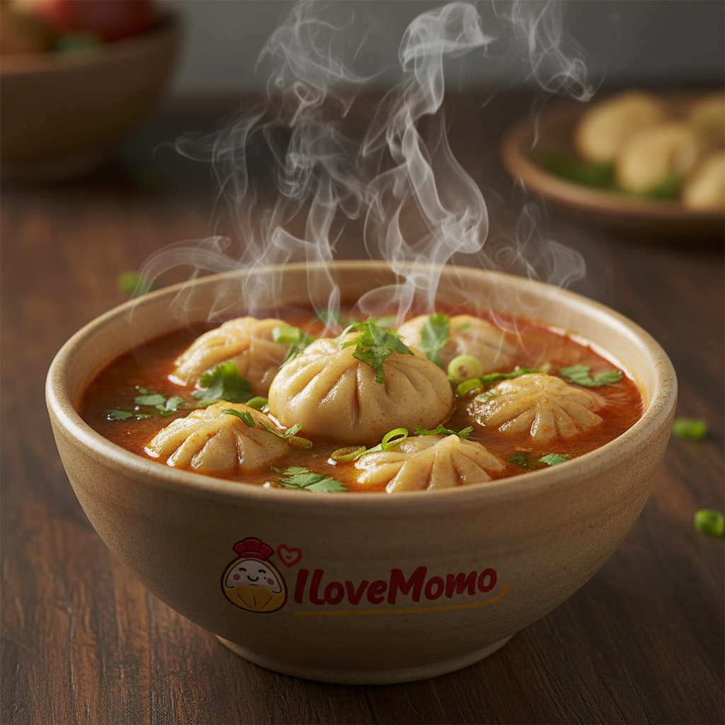Chicken jhol momos with steam and IloveMomo logo