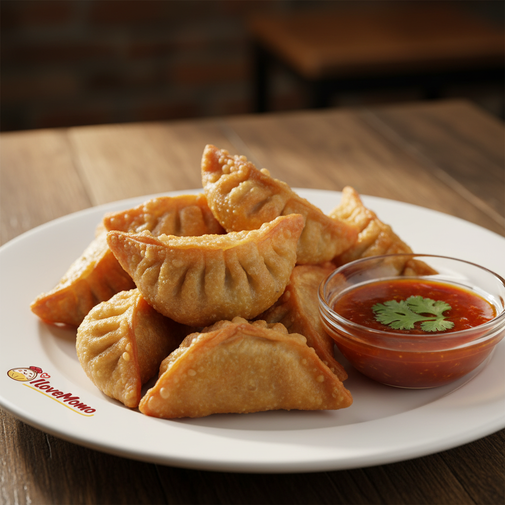 Fried momos with IloveMomo logo